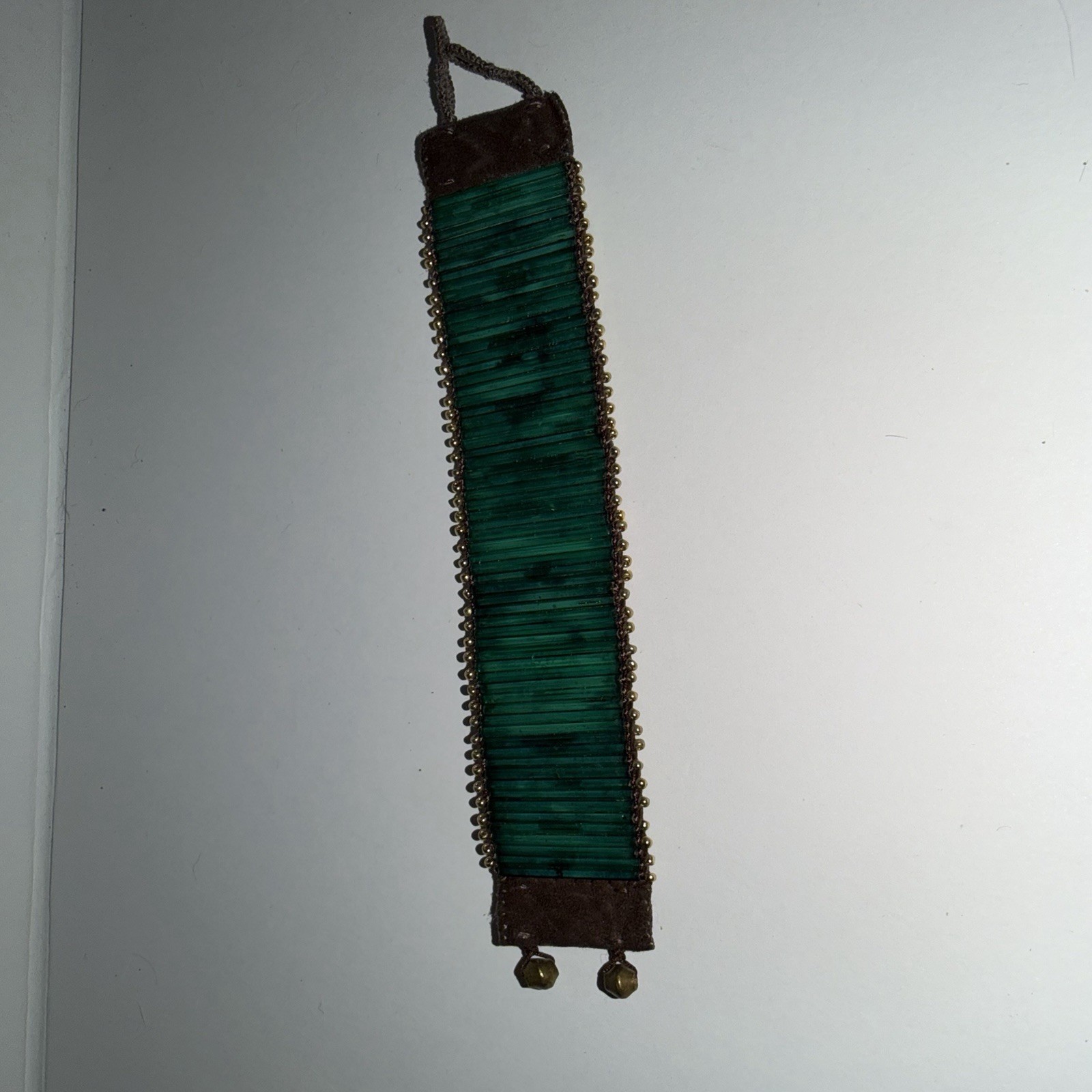 Green Bugle Bead Wide Cuff Bracelet Brown Suede Boho Tribal Adjustable Tie