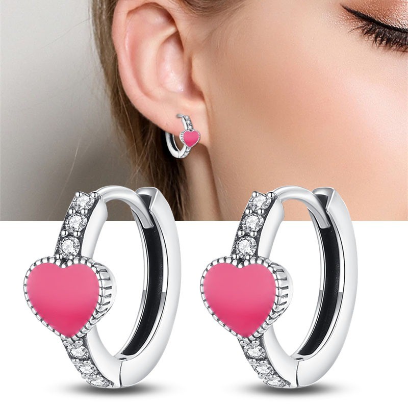 PANDACH 925 Sterling Silver Pink Heart Huggie Hoop Earrings For Women Jewelry