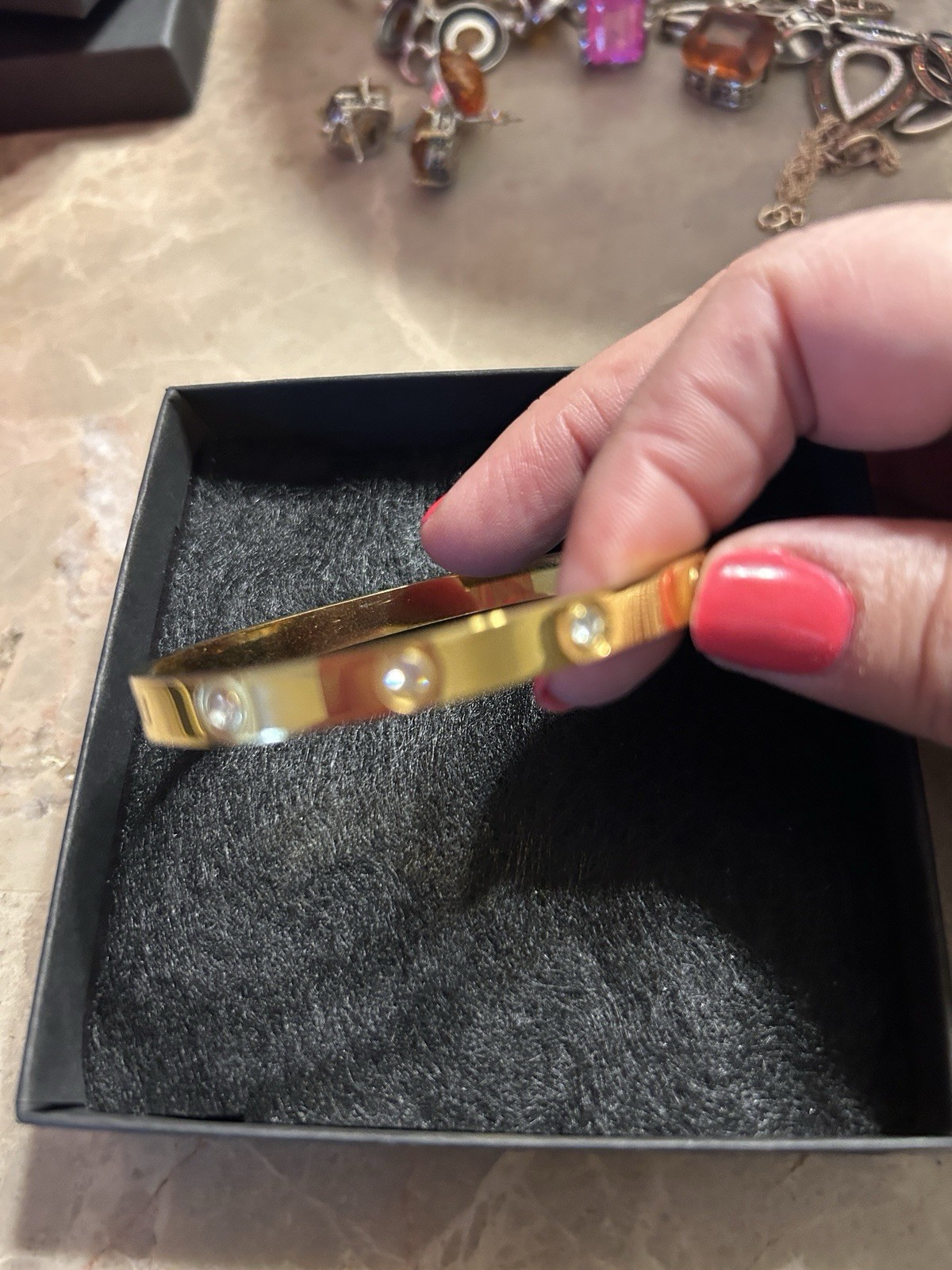 Gold Tone Stainless Steel Bangle Bracelet w/ White Round Pearl, Bezel Set