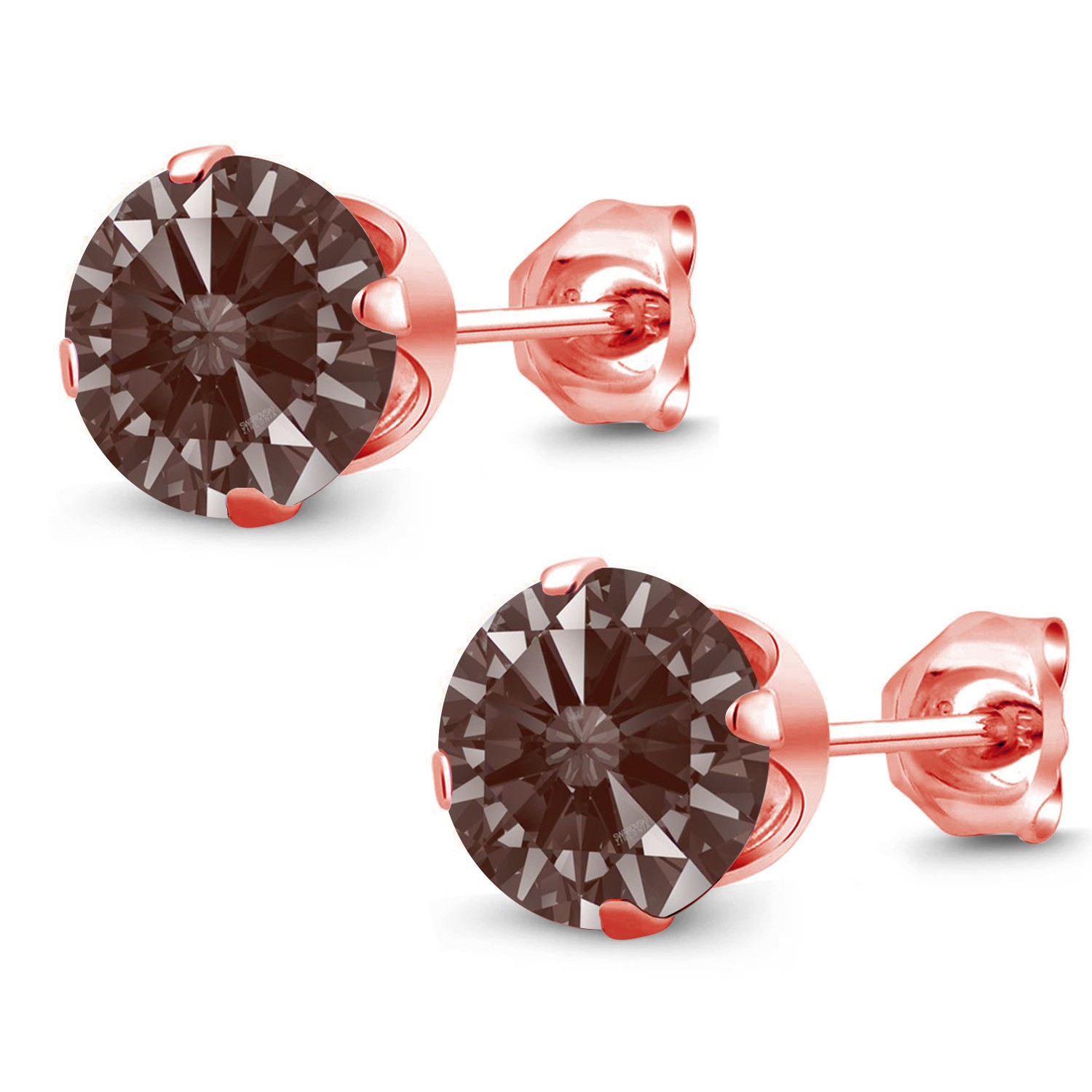 18K Rose Gold Plated Silver Stud Earrings Set with Round Fancy Brown Zirconia