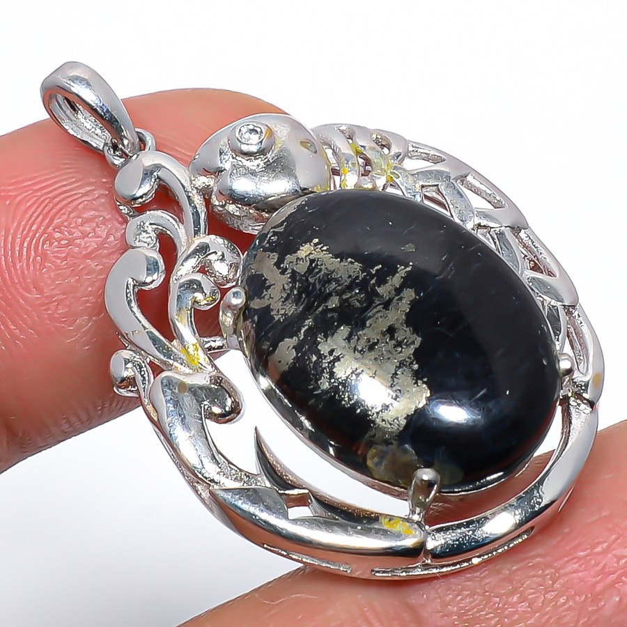 Magnetite In Pyrite & Cz Silver Handmade Jewelry Pendant 1.6″ T62