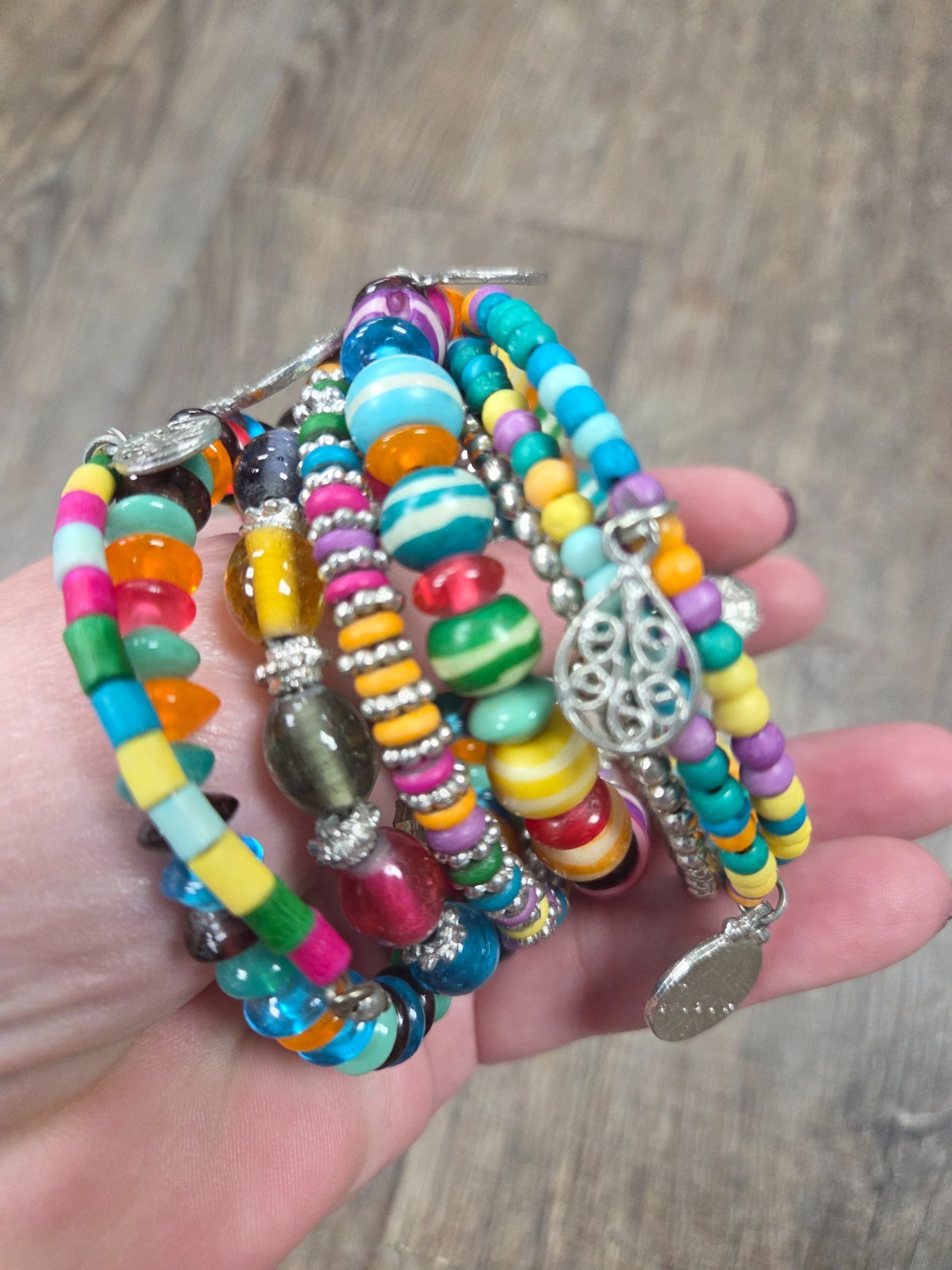 Bijoux Bright Colored Beaded Chunky Pink Blue Yellow Teal Wrap Bracelet Charms