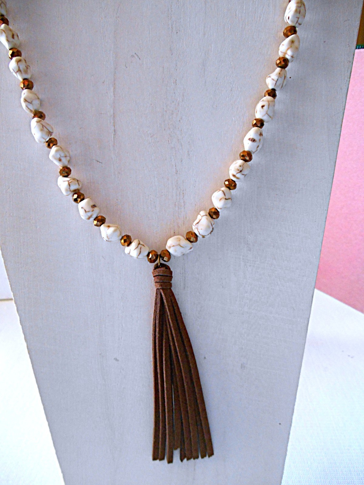 Bronzetone & Brown / Beige Beaded Tassel Necklace