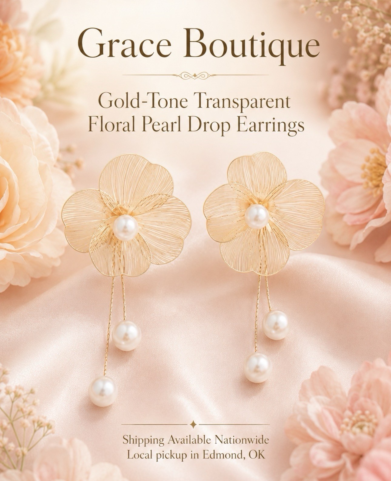 Grace Boutique Gold Tone Transparent Floral Pearl Dangle Earrings