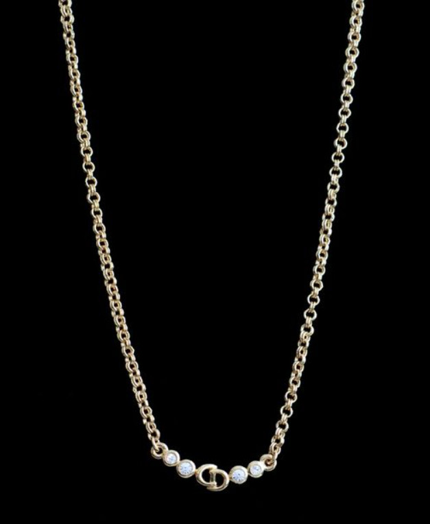 Christian Dior Gold Tone Chain Necklace Rhinestone logo from japan Authentic