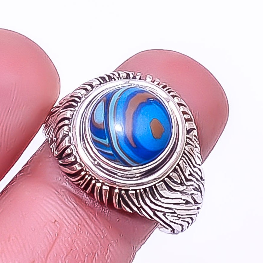 Solitaire Rainbow Calsilica Handmade Silver Plated Ring s.7.5 R1120-36