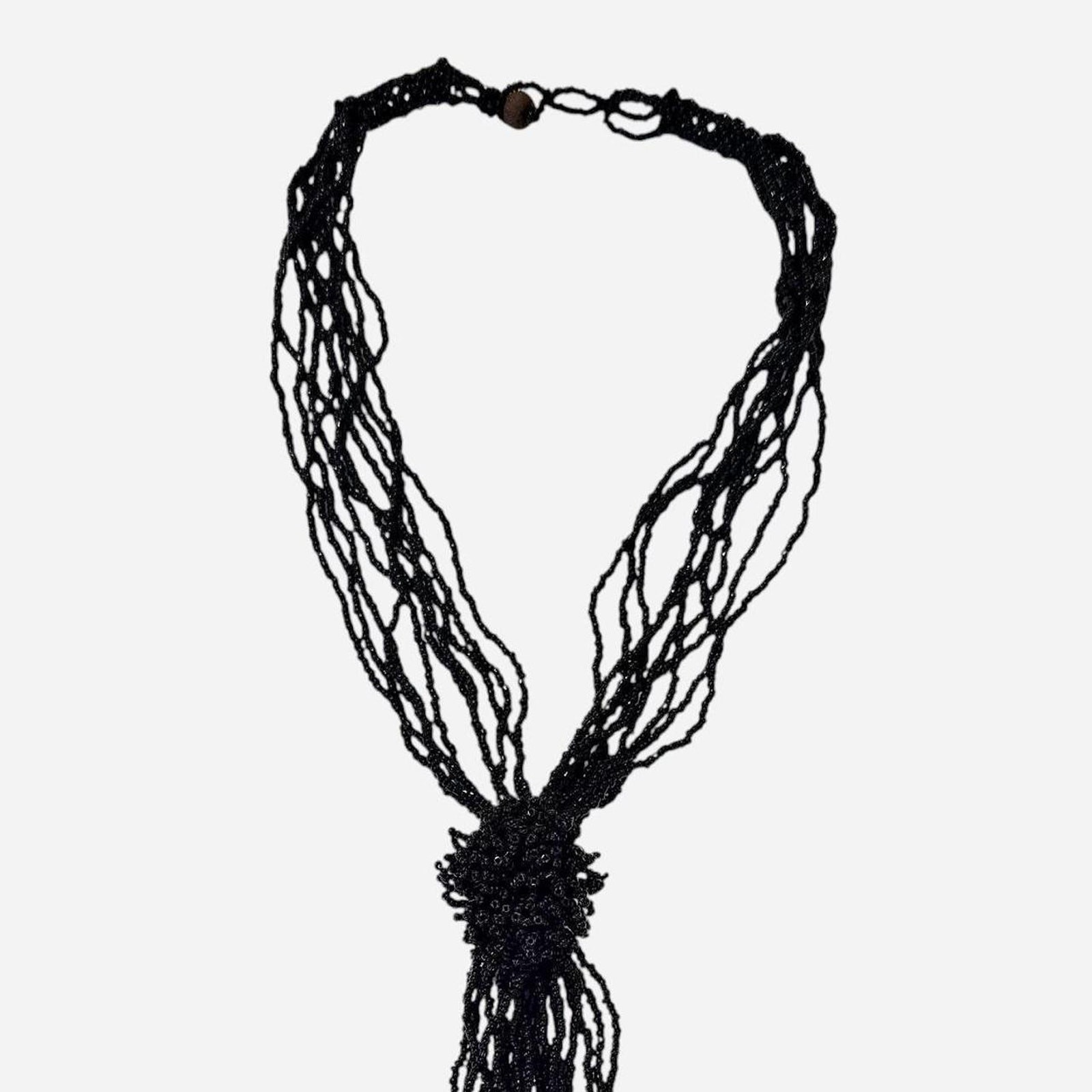 Elegant black beaded necklace tied with tassel