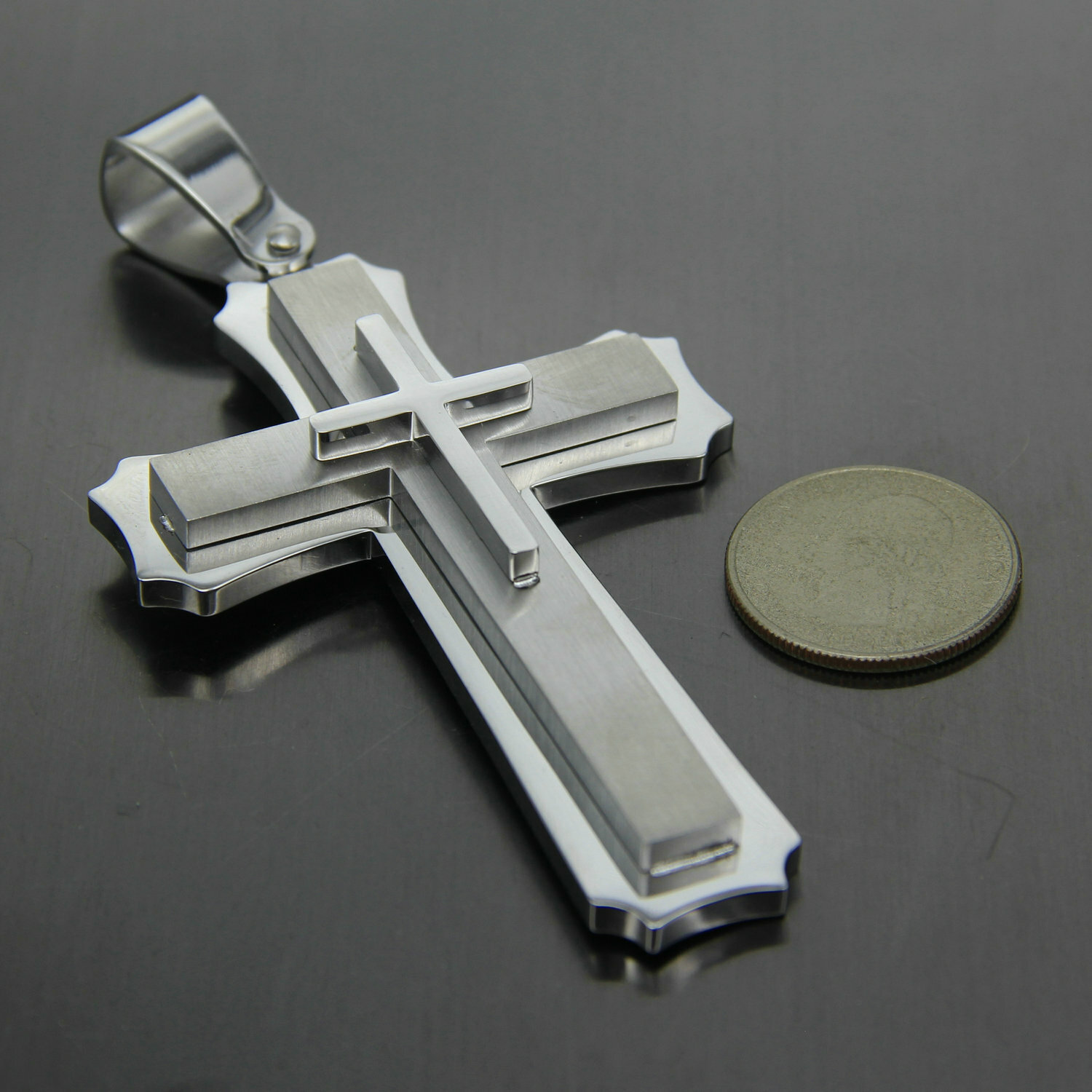 Heavy & Big Mens 3 Layer Stainless Steel Christian Cross Pendant Necklace Silver