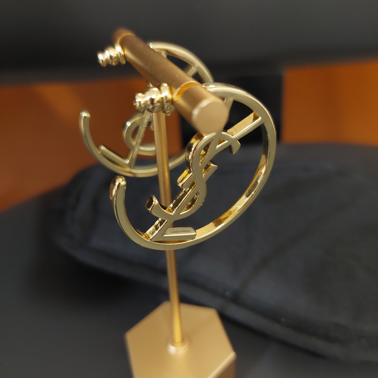 Auth. YVES SAINT LAURENT YSL LOGO Large HOOP EARRINGS Gold Tone