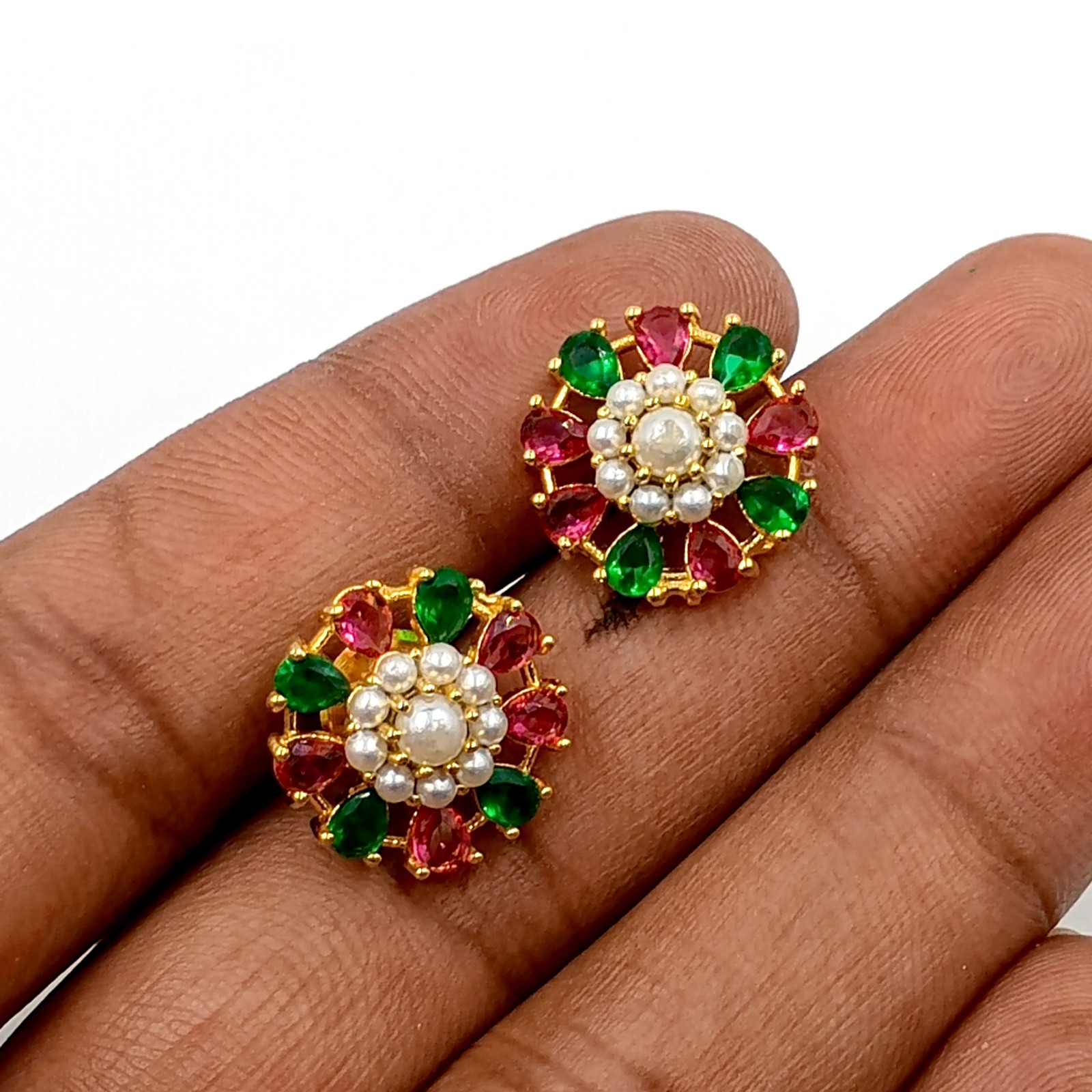 Ruby Emerald Pearl Stud Earrings 22k Gold Plated Traditional Handmade Earrings
