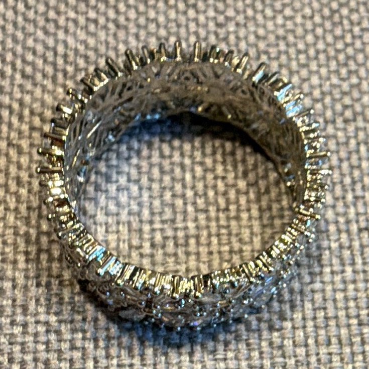 Silver Tone Wide Band Ring Clear White/Colorless Stones Metal Size 9