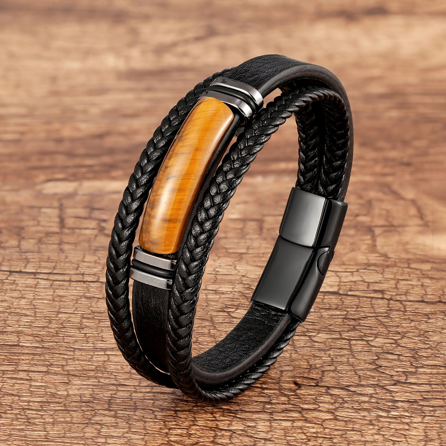 Natural Tiger Eye Stone Charm Bracelet Multilayer Braided Leather Rope Men’s