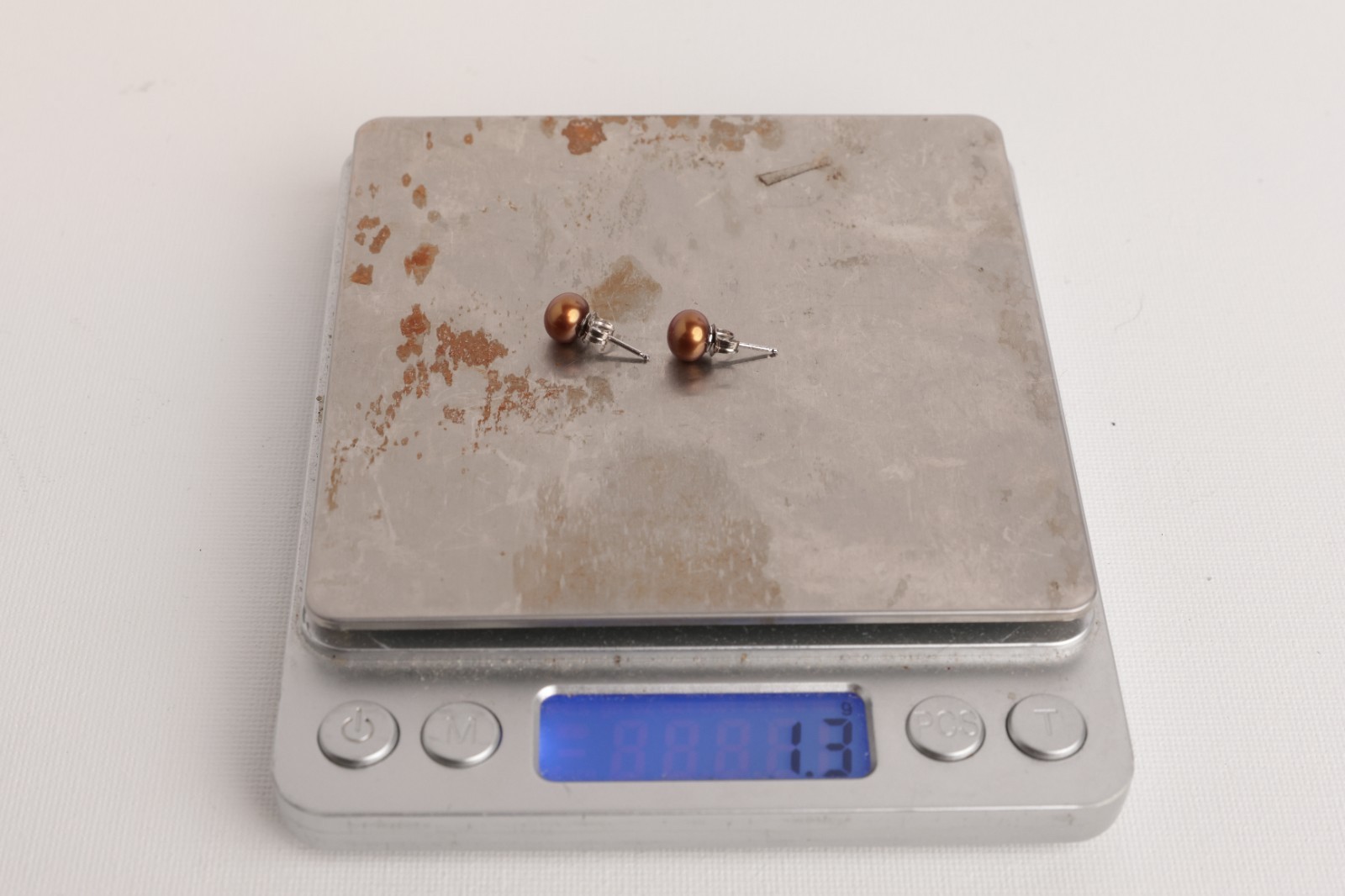 Small Light Brown Natural Pearl Stud Earrings on 925 Sterling Silver 6.9 mm big