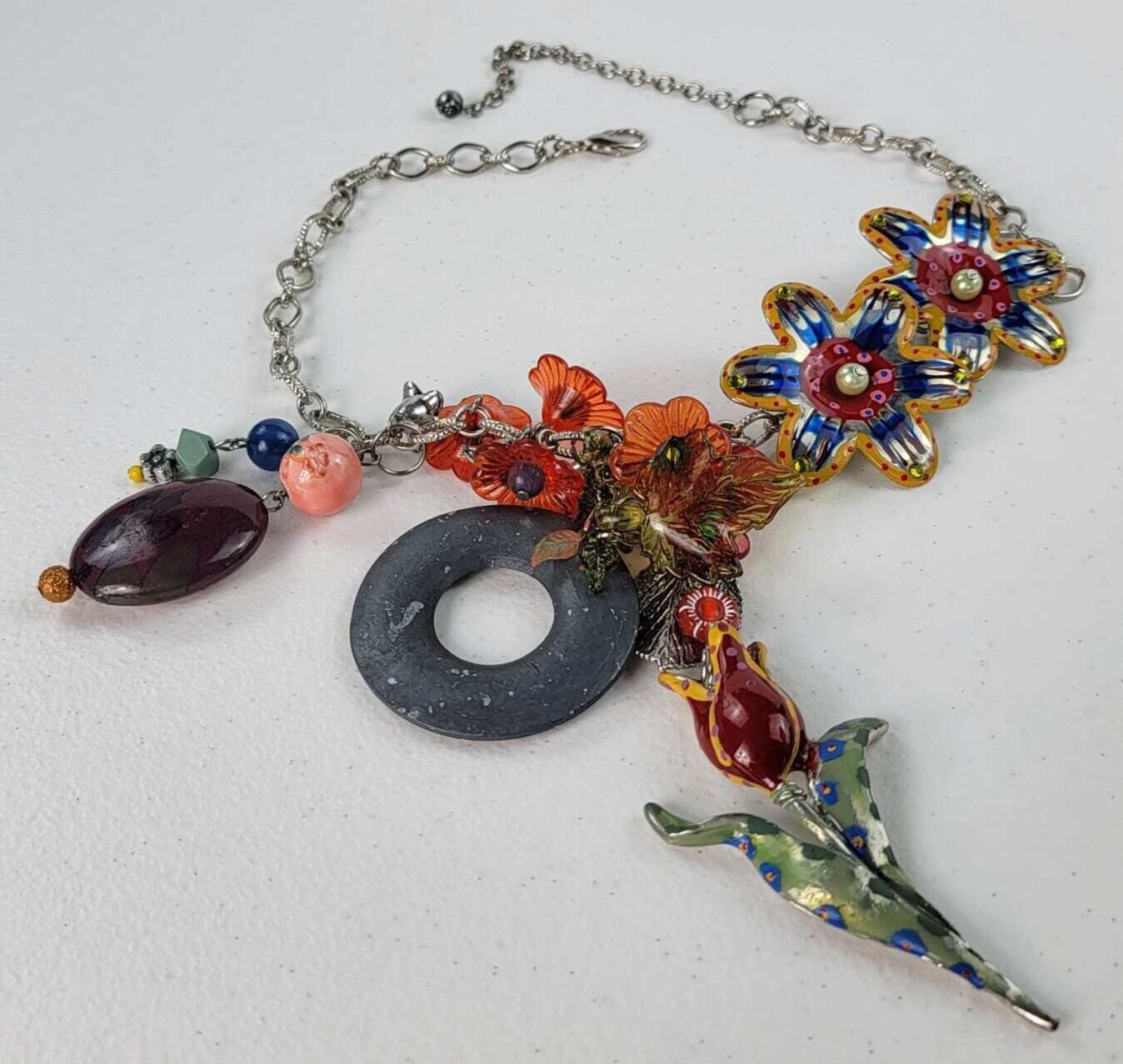 Multicolor Flowers Dangle Charm Necklace 21″ Silver-Tone Mixed-Materials Enamel