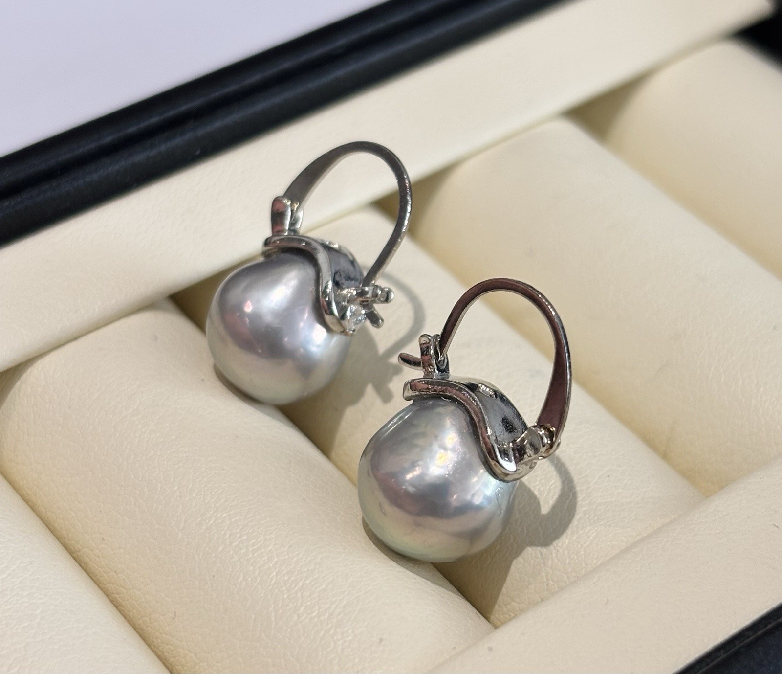 Silver Grey Baroque Pearl Drop Earrings 10mm High Lustre