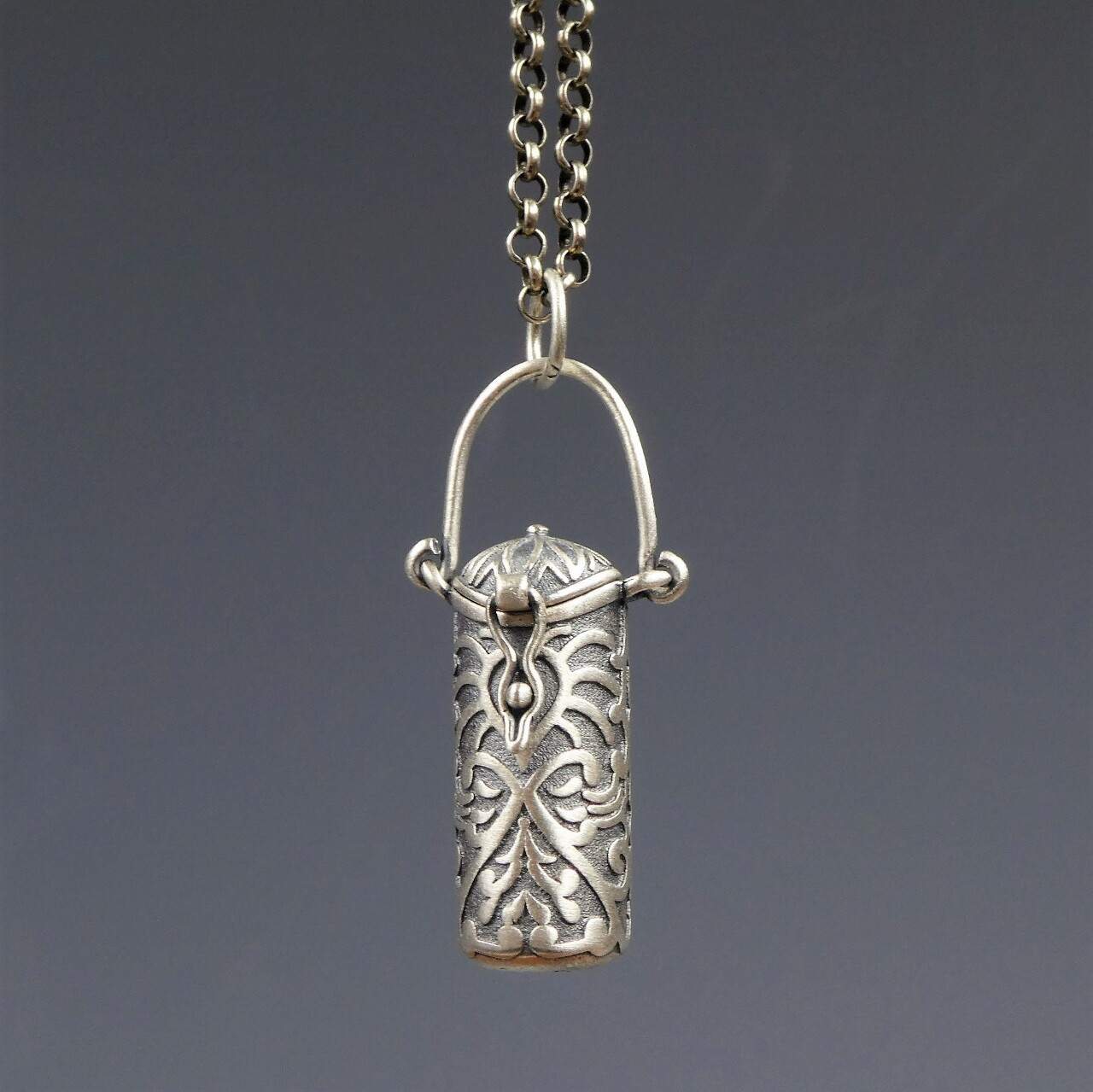 Antiqued Sterling Silver Scroll Ornate Small Cylinder Locket Prayer Box Pendant