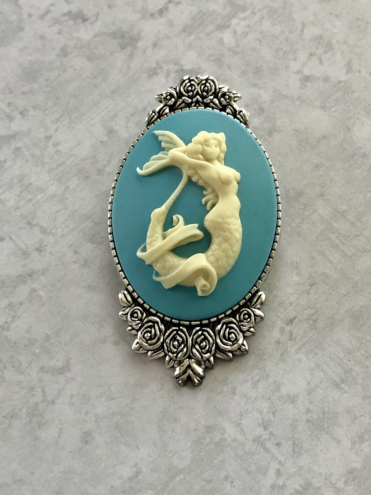 Mermaid Cameo Brooch Pin, Vintage Sailor Jerry Tattoo, Antique Silver Sea Art