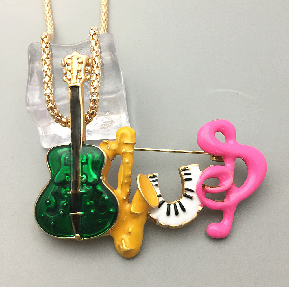 Multi-Color Enamel Guitar Music Note Pendant Long Necklace/Brooch