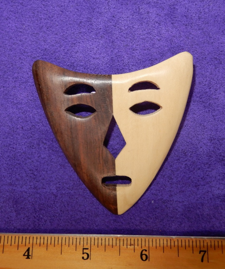 Jewelry – Wooden Bi-toned Mask Brooch – 3″ x 2 3/4″
