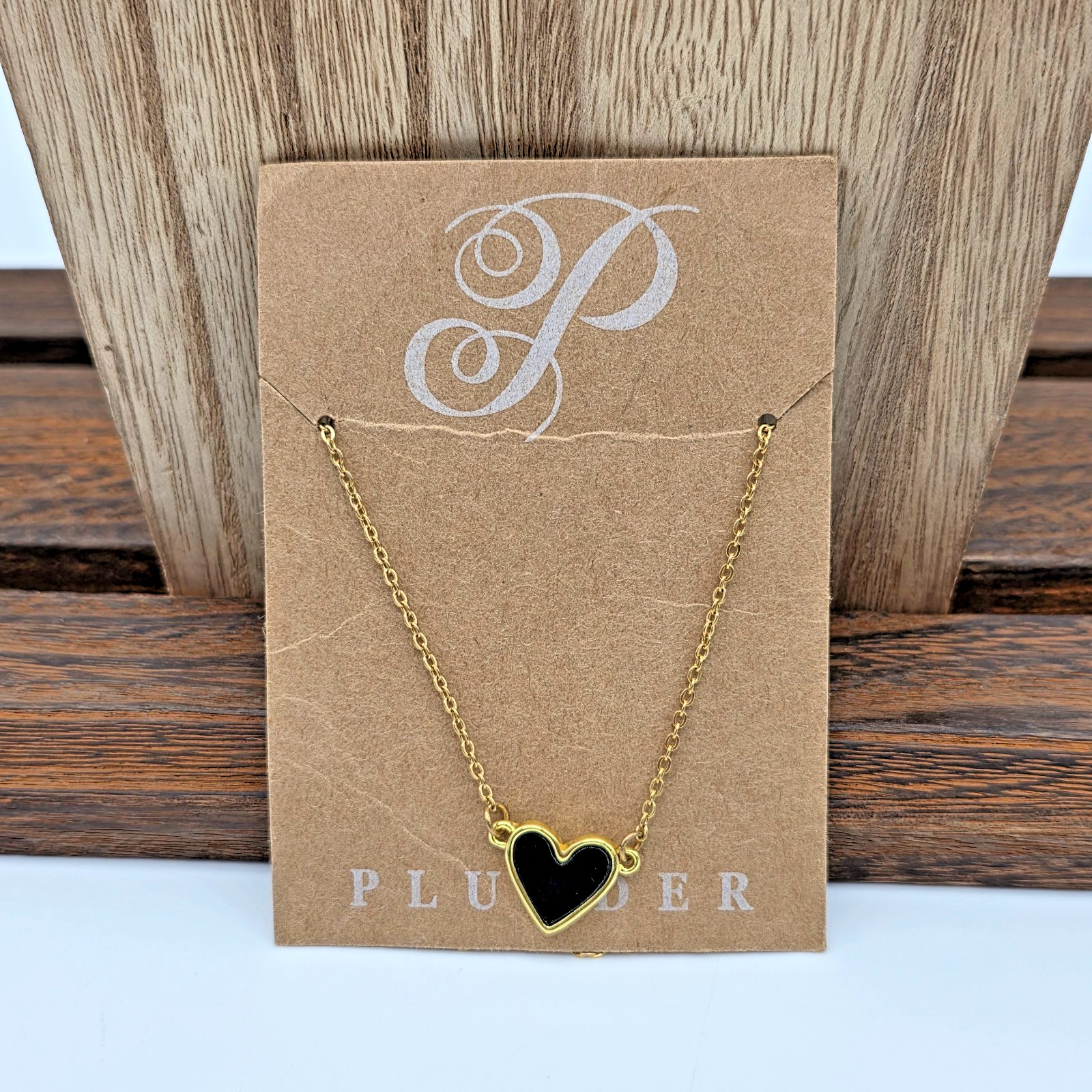 Plunder NWT Minimalist Gold Dainty Bezel Black Heart Pendant Necklace 16”