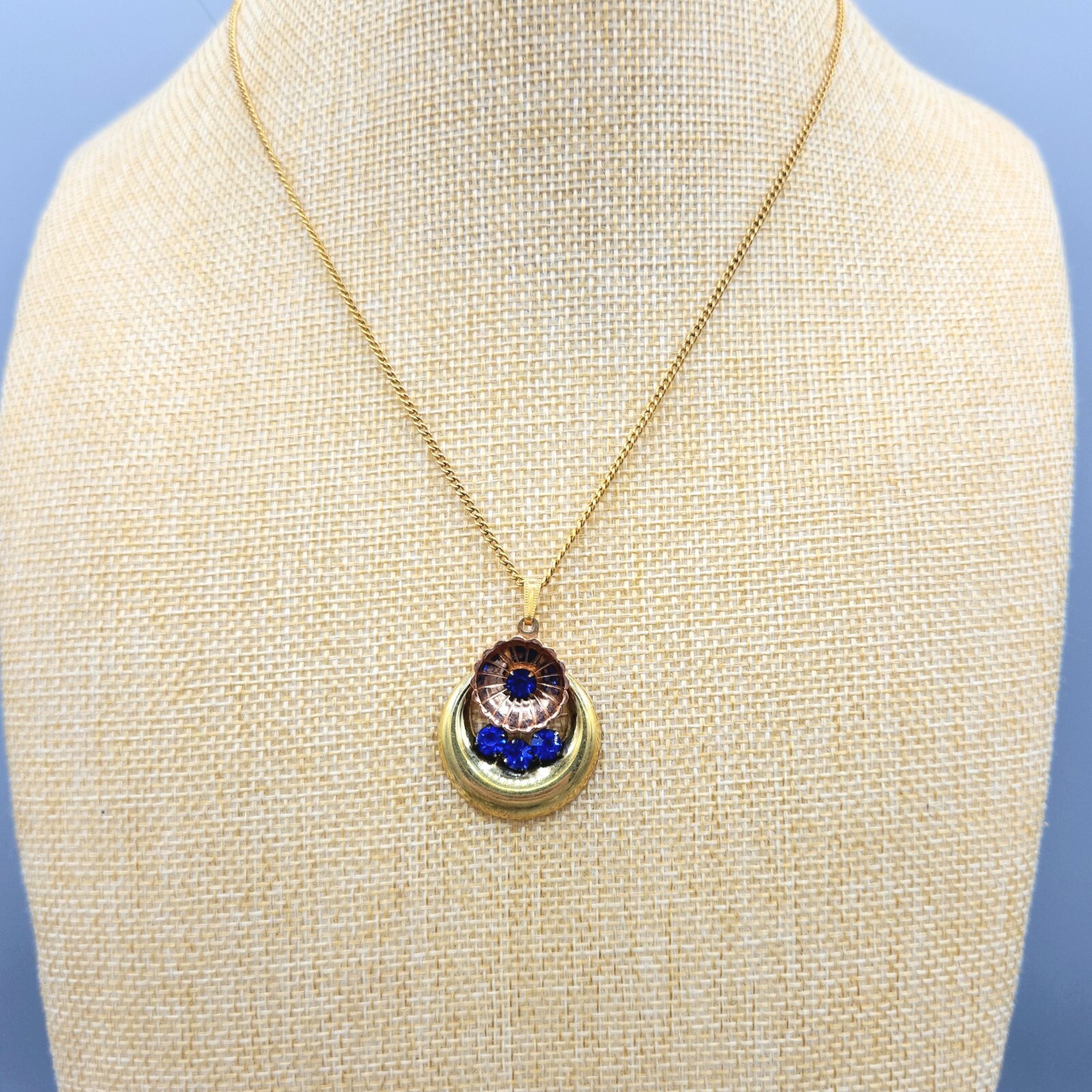 Early Harry Iskin Signed 12K Yellow & Rose GF Blue Rhinestone Necklace 18″