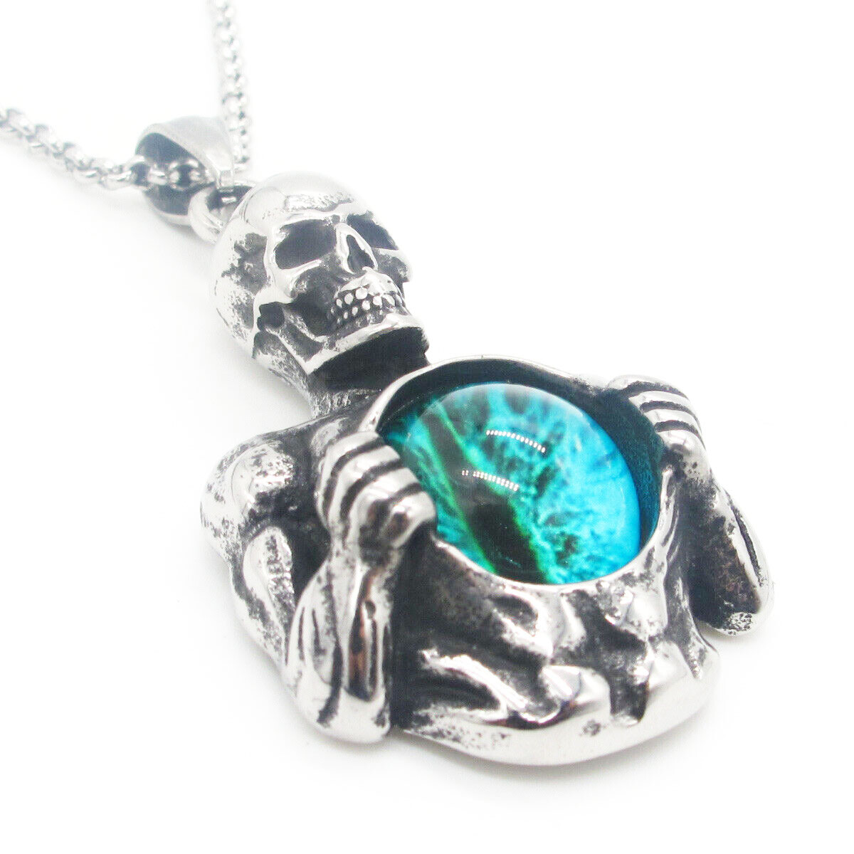 MENDEL Cool Mens Gothic Skeleton Skull Evil Eye Necklace Pendant Stainless Steel