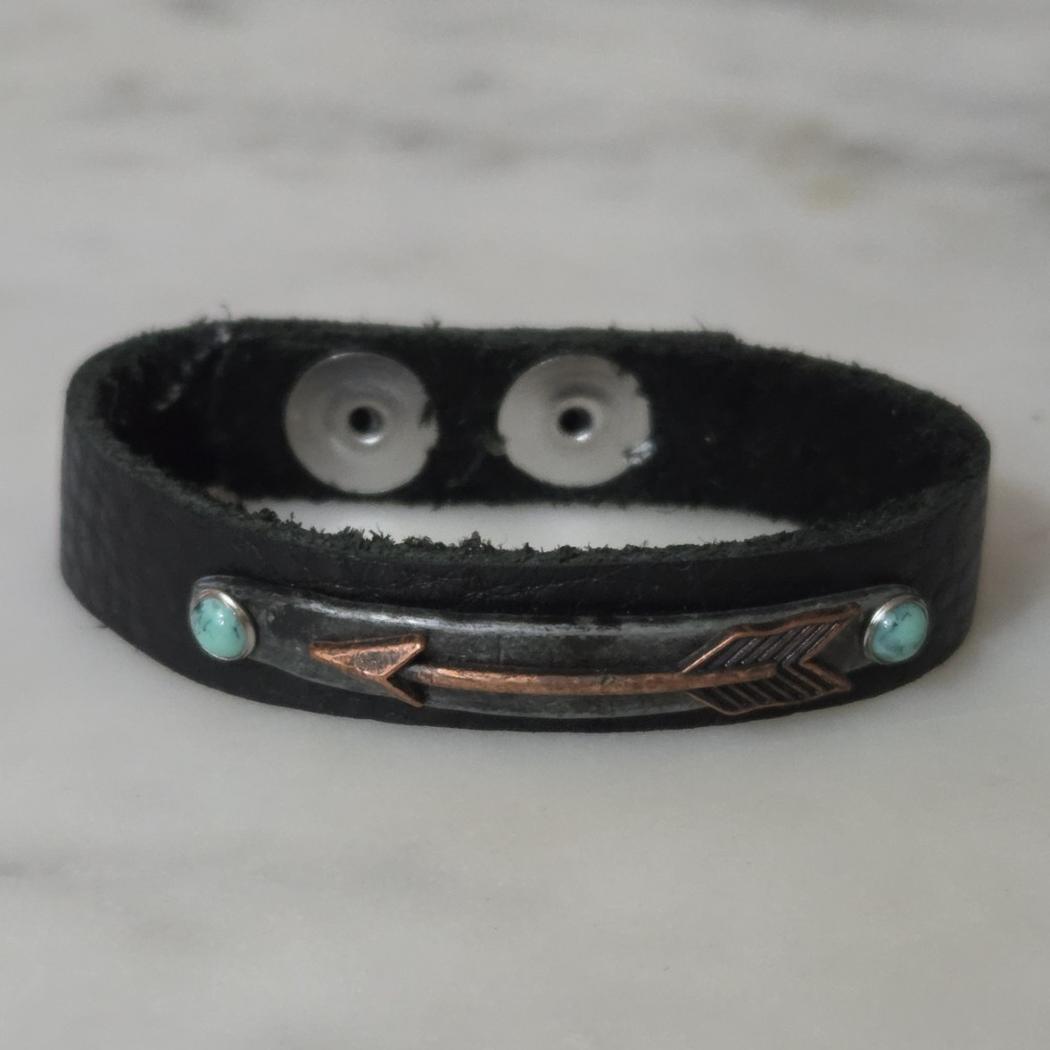 Dark Brown Leather Snap Cuff Bracelet PatinaArrow w/ 2 Blue Round Stones