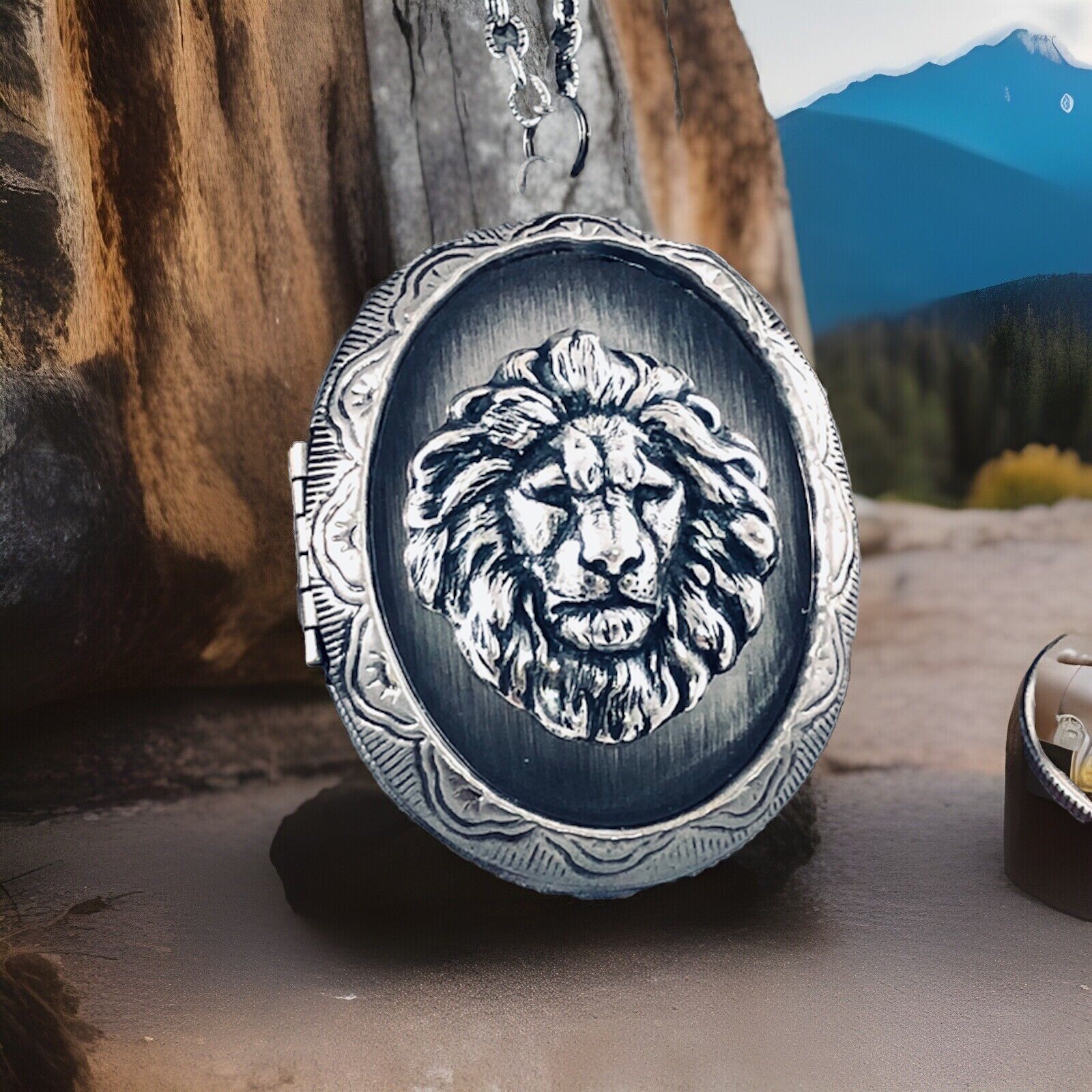 Lion Locket Necklace Antique Silver pltd Photos Keepsakes Pill Stash Box Pendant
