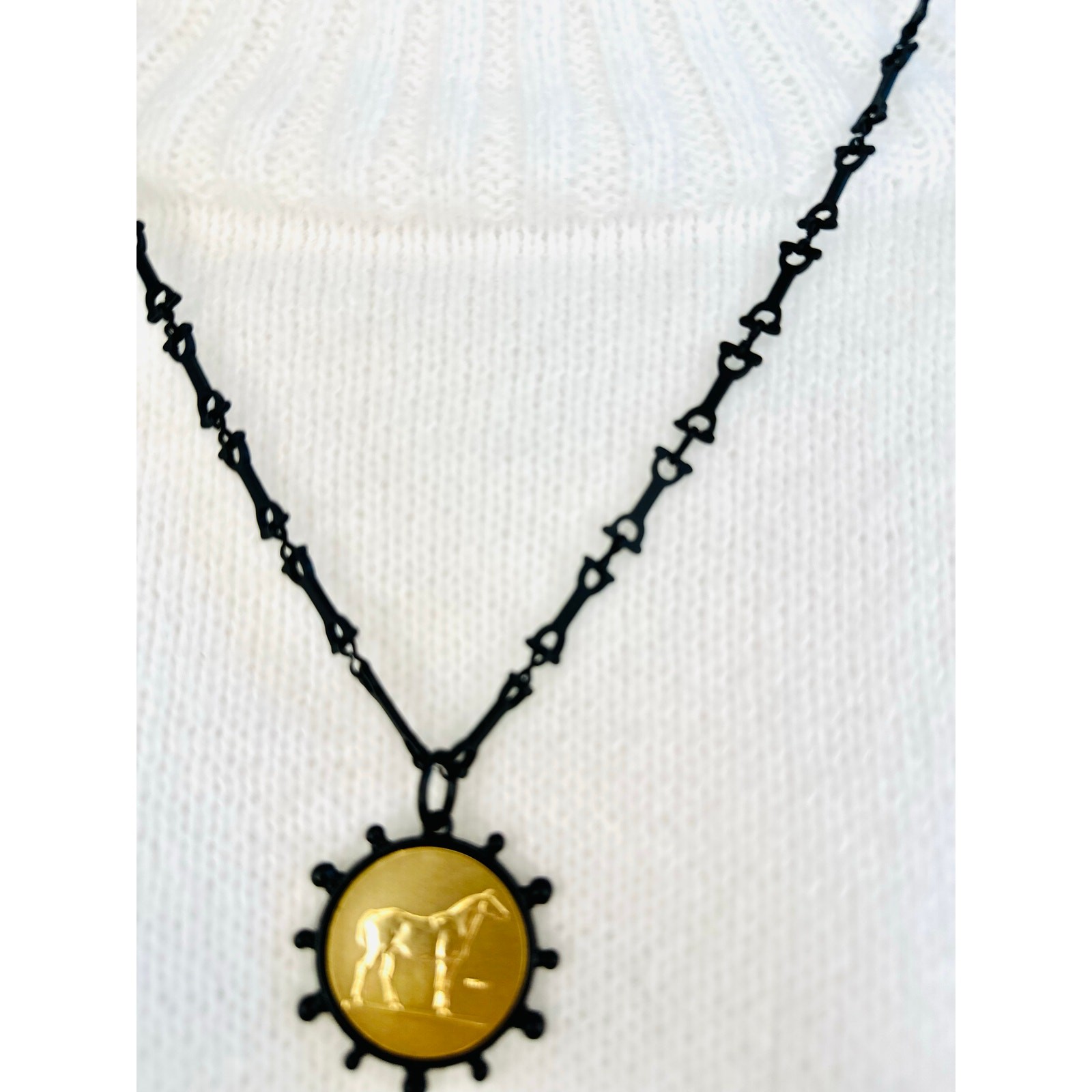 Black and Gold Intaglio Necklace 24” equestrian horse bit chain.