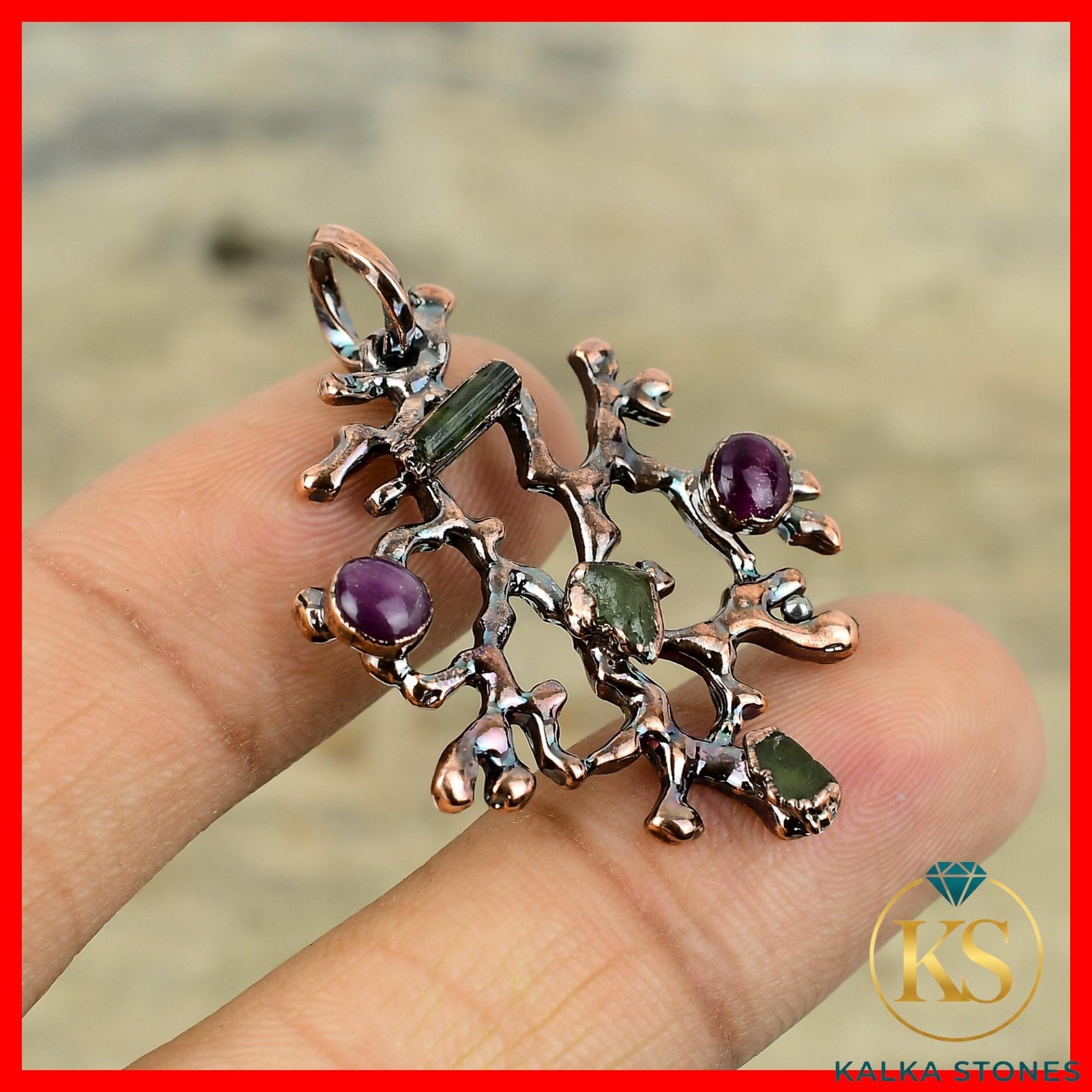 Multi Tourmaline Rough Stone Electroformed Anniversary Pendant Jewelry Copper