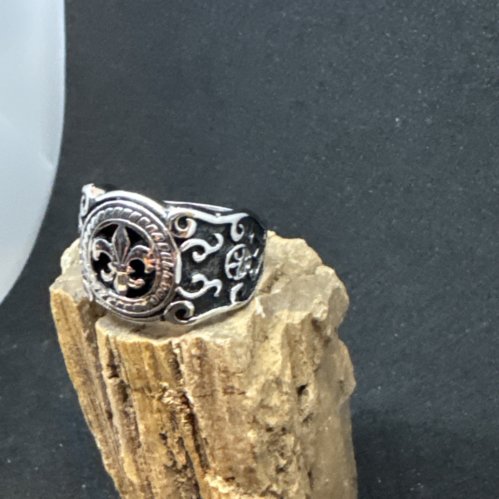 Fleur de Lis Stainless Steel Ring 24mm Face Width 5mm Band Oxidized & Polish