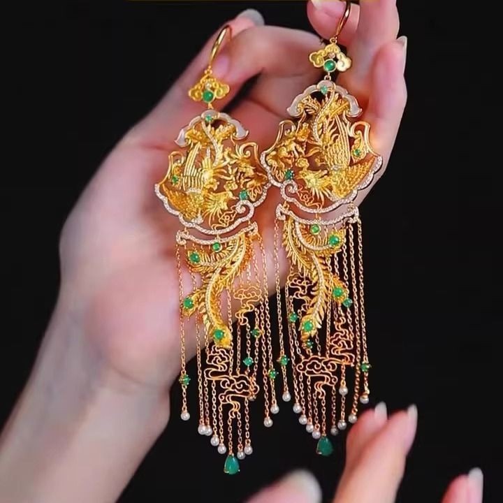 Chinese Phoenix Green Crystal Tassel Earrings New Style Gift For Women