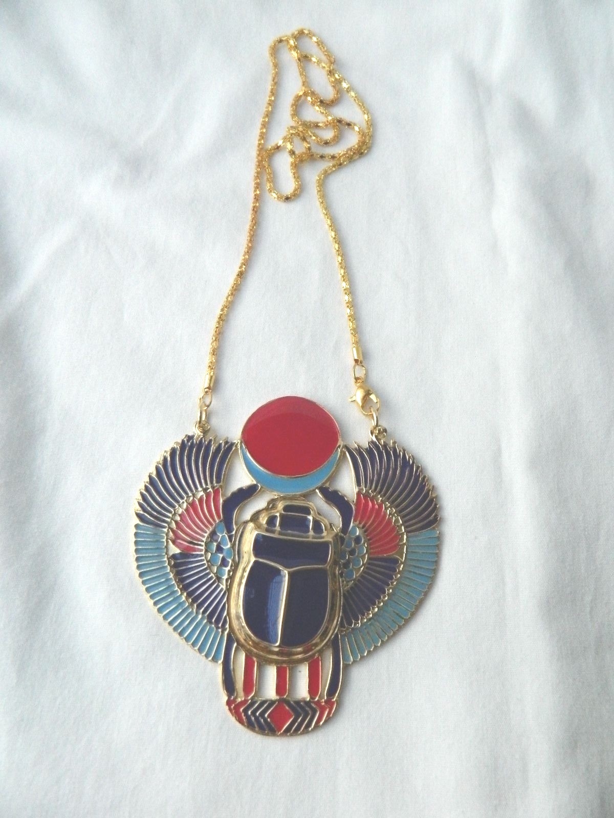 X-Large Egyptian Brass Gold Plated Multi-Color Horus Scarab Bettle Necklace 3X3″