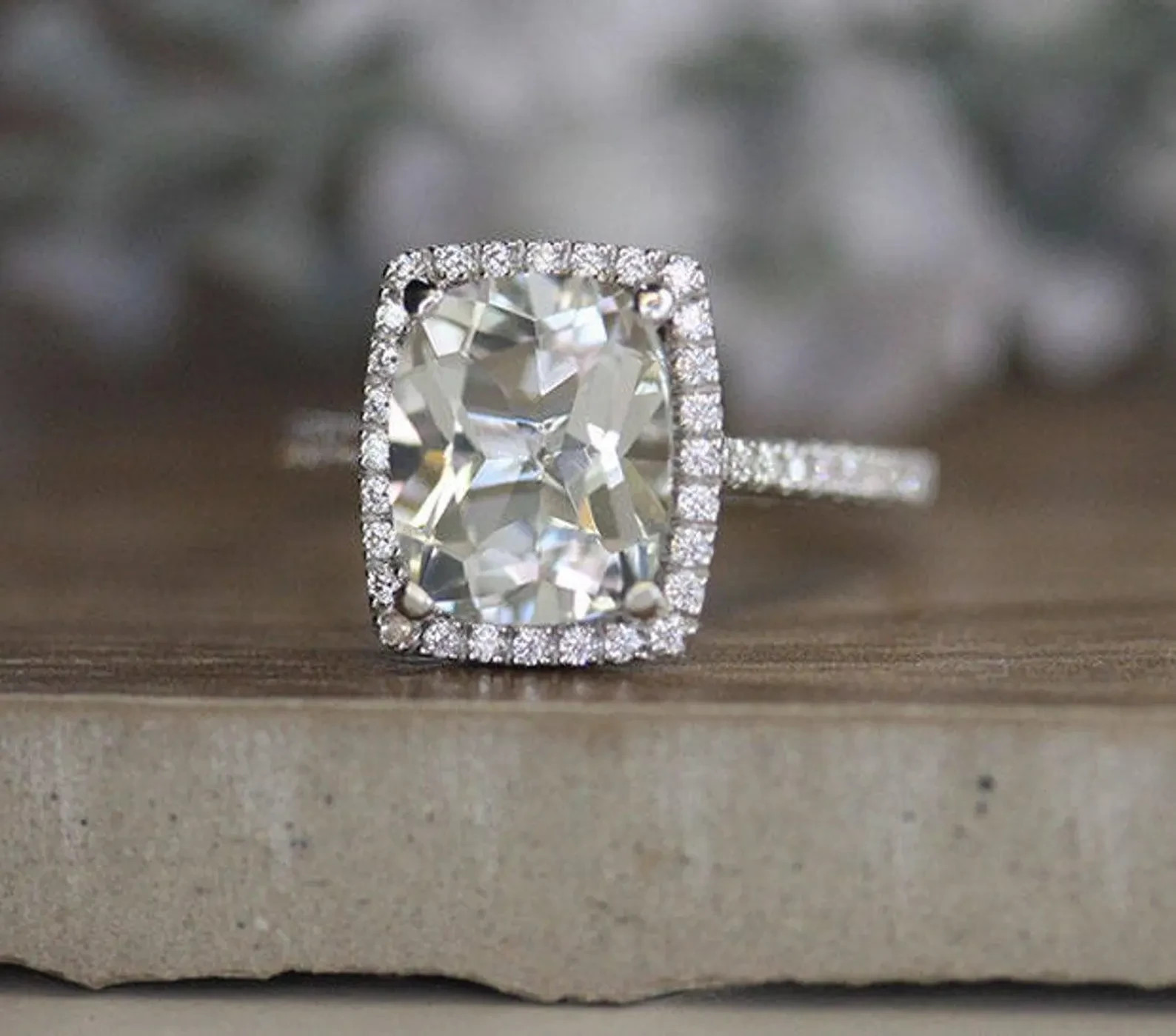 Elongated Cushion Cut Halo Moissanite Engagement Ring, Square Shape Wedding Ring