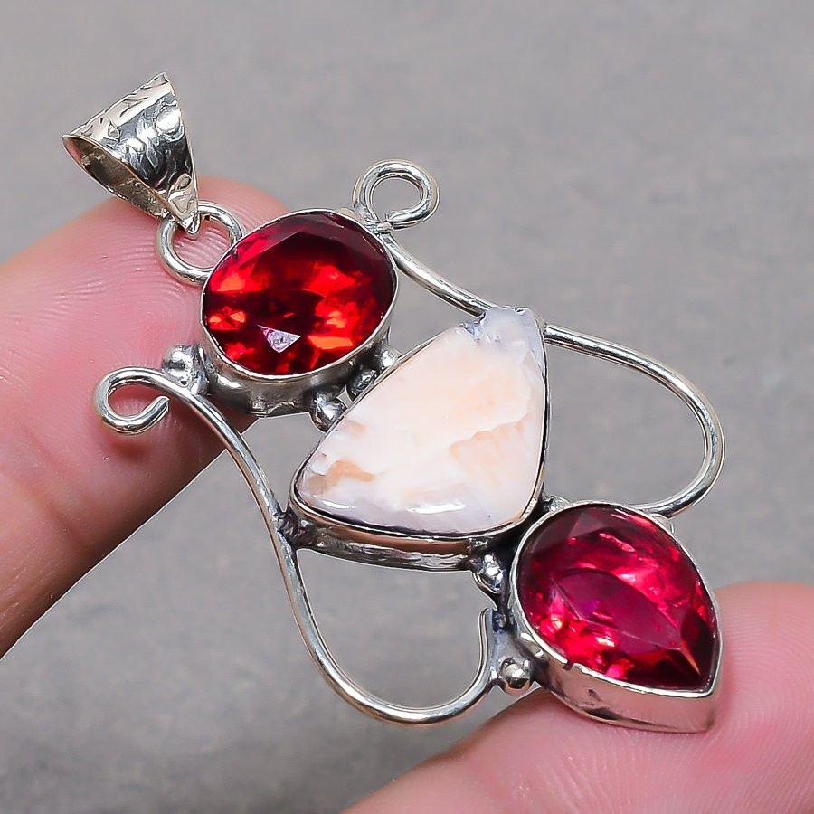 Orange Scolecite Pink Tourmaline Gemstone Jewelry Handmade Pendant 1.9″ SR 3469