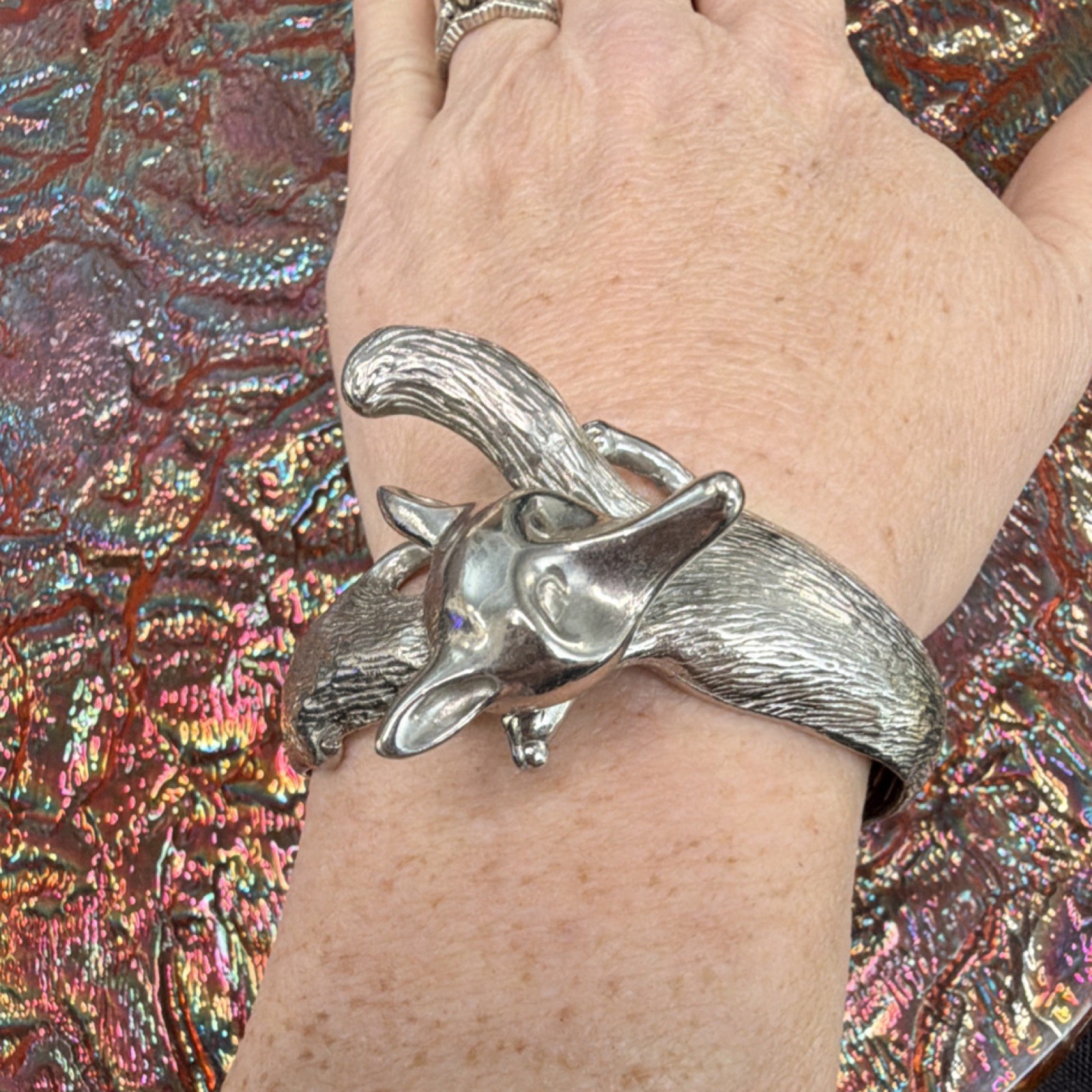 Silver plated Fox Castecliff Bangle Bracelet Hinged 2.5 in.