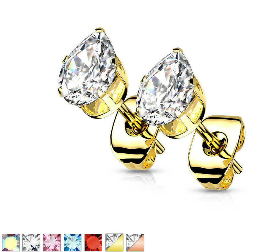 PAIR Tear drop CZ Gem Stud Earrings Teardrop Pear Steel, choose color & gem size