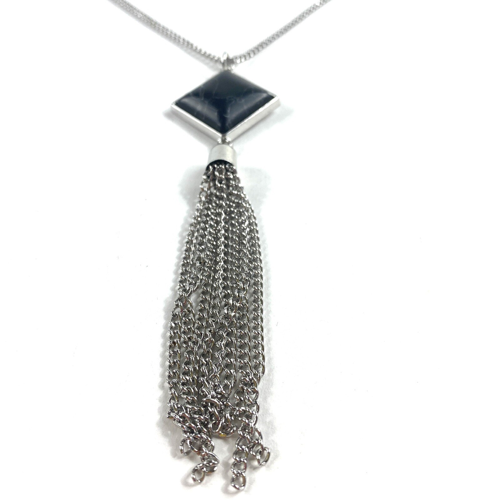 Toni 20×20 mm Composite Black Howlite Silvertone Pendant Long Chain Necklace