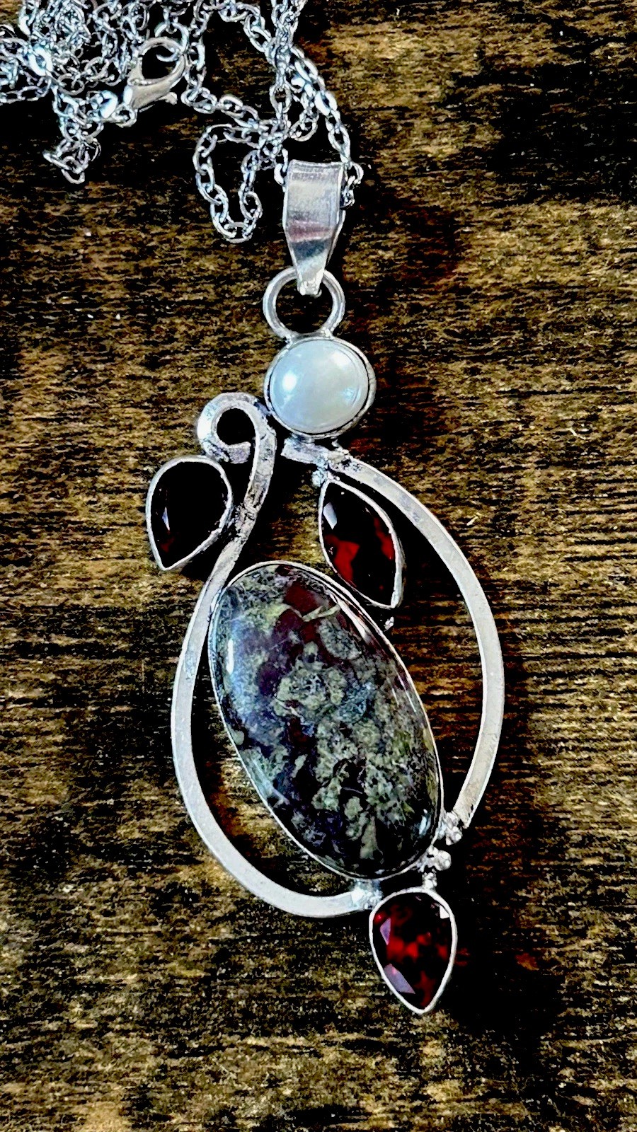96012. Dragon Blood Agate Garnet Pearl Gemstone Handmade 925 SilverPendant 3.28″