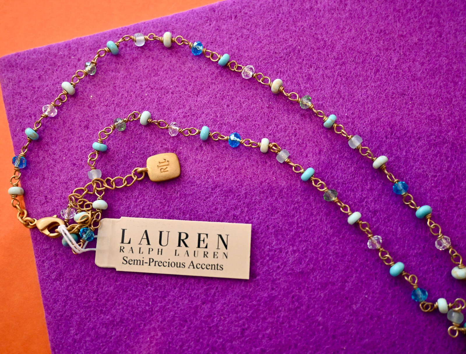NWT $54 LAUREN Ralph Lauren Semi Precious Stone Chain Necklace Turquoise Apatite