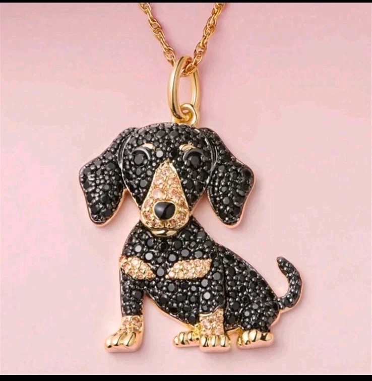 Dachshund Dog Rhinestone Pendant Necklace Dog Lover Gift Golden Toned