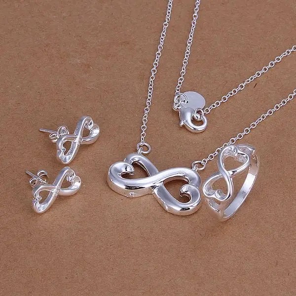 925 Sterling Silver Heart Earring Bracelet Necklace Set Women Fashion Jewelry