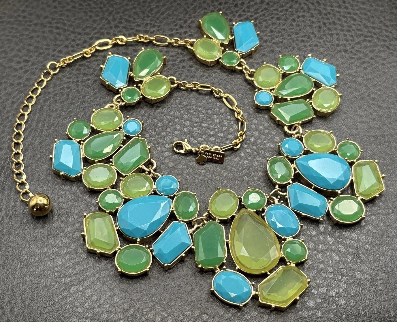 Kate Spade New York Gold Tone Green Blue Faceted Statement Chunky Bib Necklace