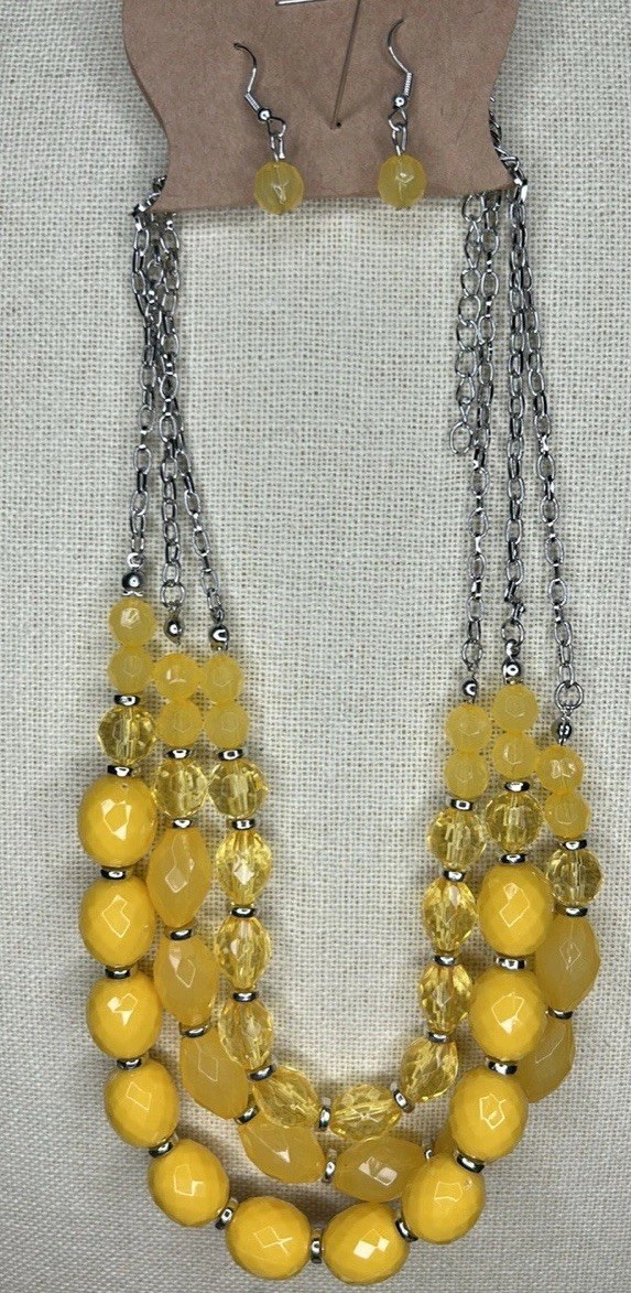 Beaded Necklace and Earrings Jewelry Set in Yellow and Silver
