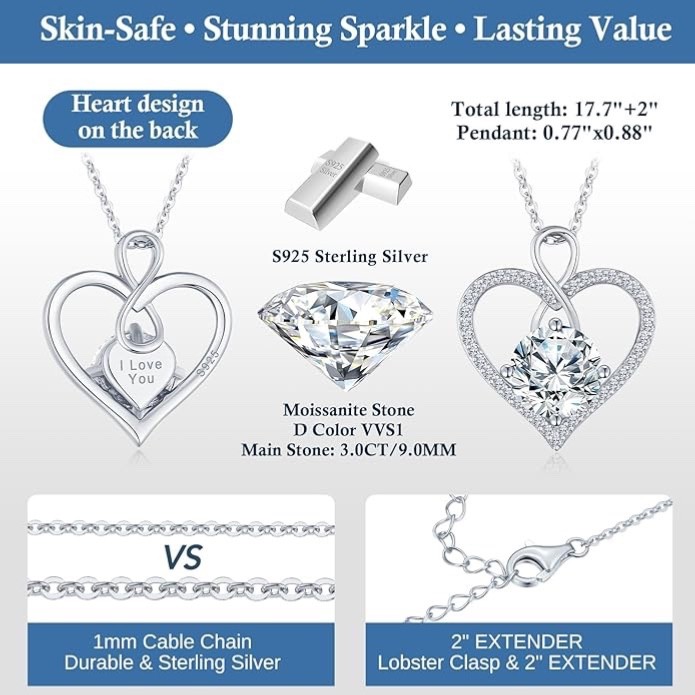 Moissanite 925 Silver Heart Infinity Pendant Necklace, 3.0 Carat