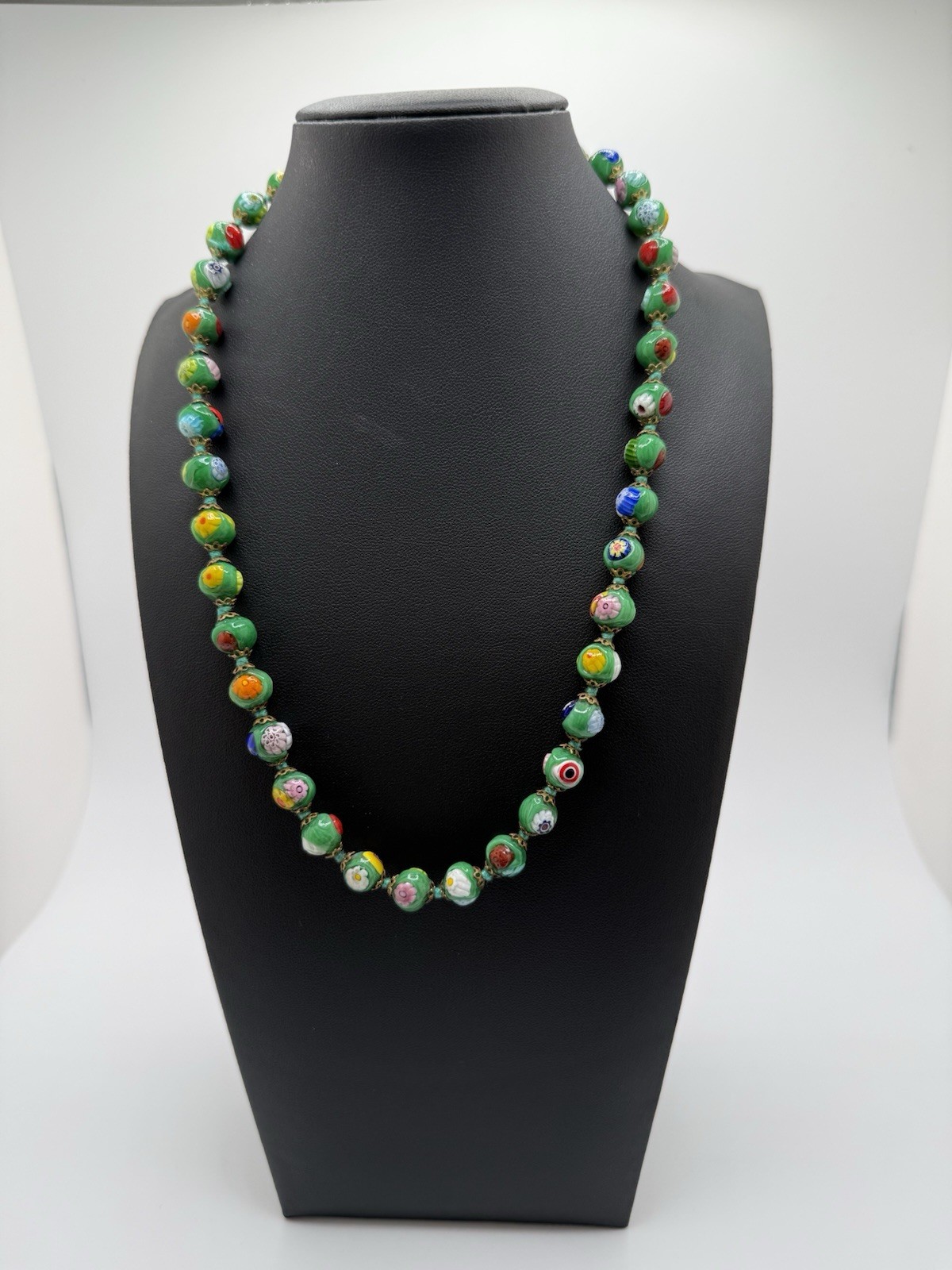 Italian Murano Green Multicolor Glass Round Beaded Necklace 19 in w Barrel Clasp
