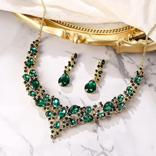 Collar y pendientes para novia, joya ideal para boda (Esmeralda Tono Dorado)