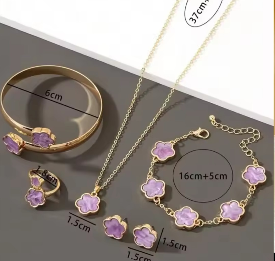 Gold Plated Purple Clover Flower Jewelry Set Necklace Bracelet Earrings Ring 8