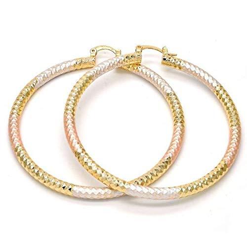 Classy Click Top 3 Tone Large Round Hoop Earrings 14K Gold filled 60mm Tri color