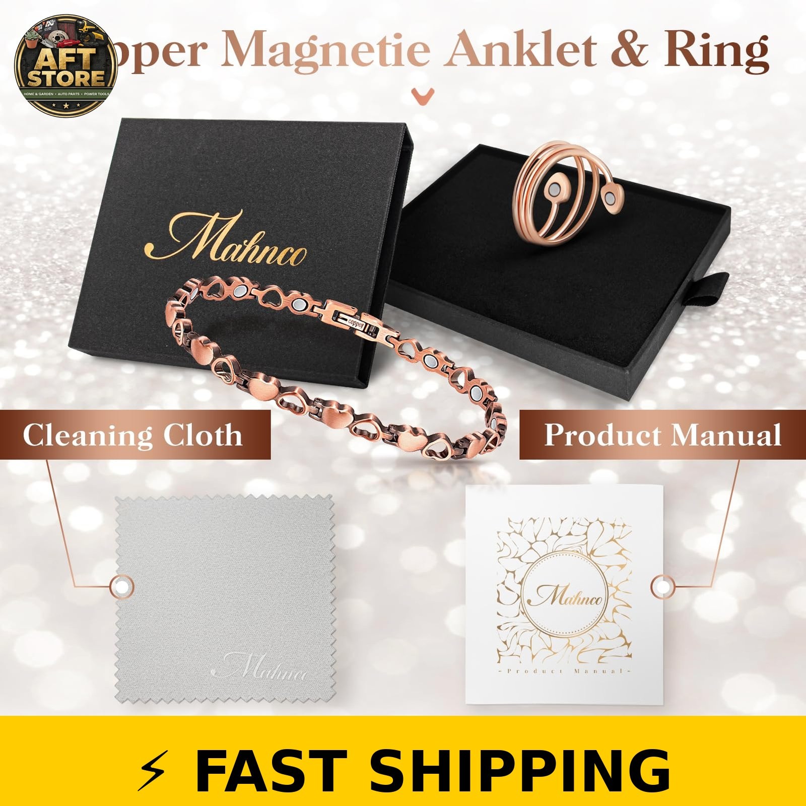 Mahnco Copper Anklet with Magnets – Adjustable Heart Gift for Women